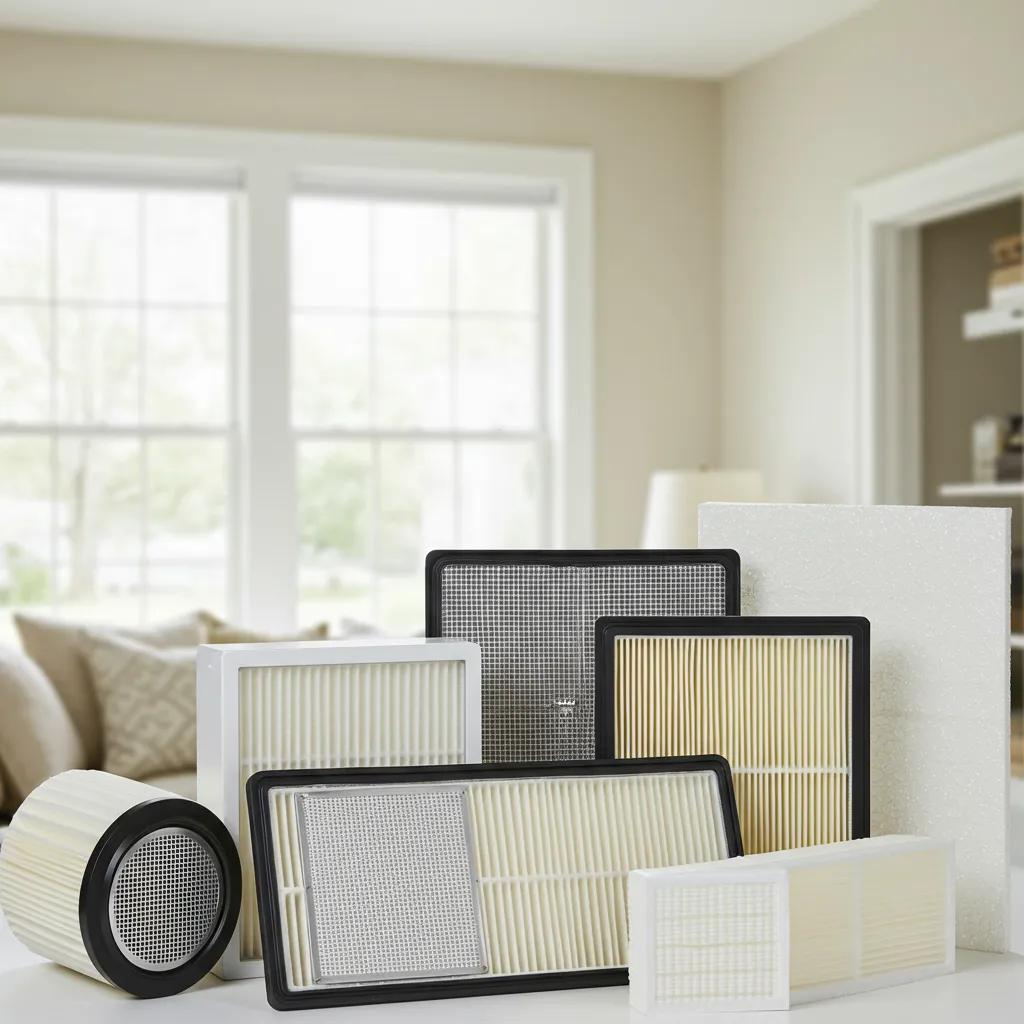 HVAC Blog 3 Variety of HVAC filters including pleated, fiberglass, and HEPA in a bright home setting