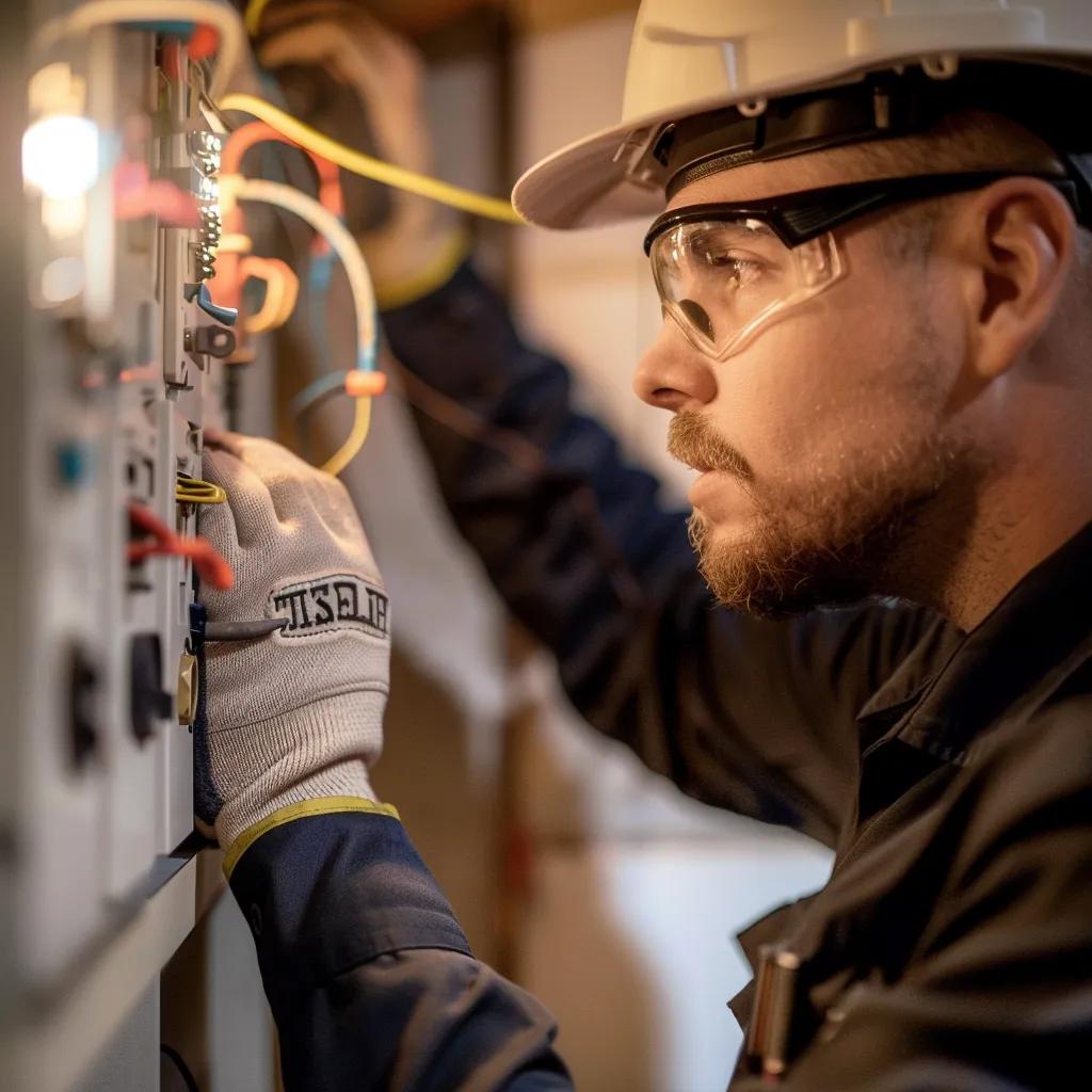Homeowner checking an electrical panel with safety gear to highlight seasonal electrical safety