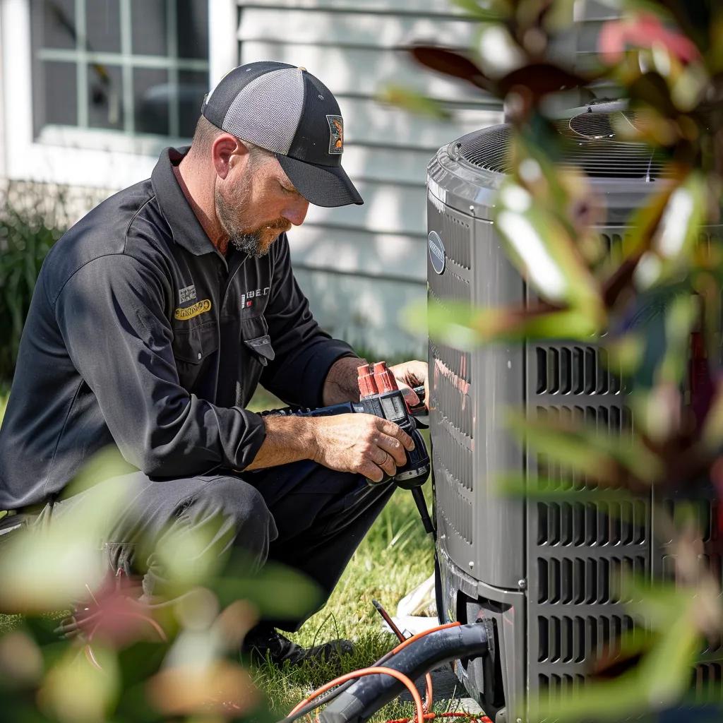 Technician performing a seasonal HVAC tune-up on an outdoor unit to show maintenance importance