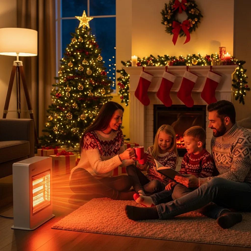 HVAC Blog 1 Family enjoying a warm winter evening with a space heater and holiday decorations