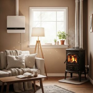 Comparison of a modern heat pump and a traditional furnace in a cozy home environment