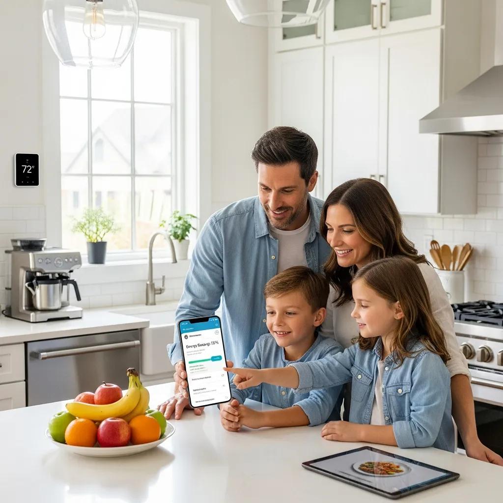 Smart Thermostat Installation & Benefits 2 Family interacting with a smart thermostat in a modern kitchen, showcasing energy efficiency and convenience